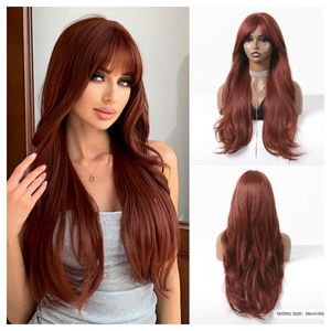 Perruque avec frange tête brun rouge grandes perruques de cheveux longs et bouclés ondulés ensemble complet