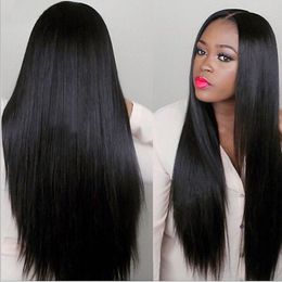 Wig Women's Black Split Long Straight Hair Chemical Fiber Headcover beschikbaar in meerdere kleuren
