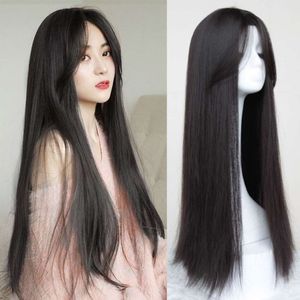 Perruque Les longs cheveux raides de la perruque Naturel Split noir Top Hair Set Full Head Set Summer Fashion Lace Fake Hair