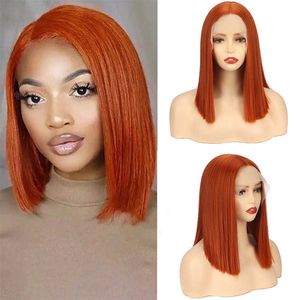 Pruik vrouwen oranje kort rechte haar t type voorkant midden split chemische vezels full head cover pruik