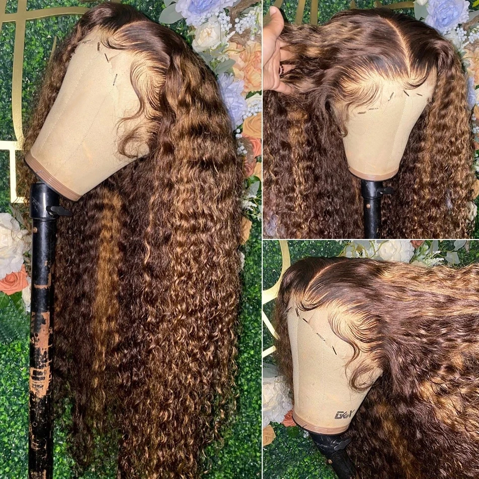Wigirl 30 pouces Highlight ombre Lace Frontal Wig 250% Curly Human Hair Wigs 4/27 Colored 13x4 Deep Wave Lace Lace Front Wigs pour les femmes