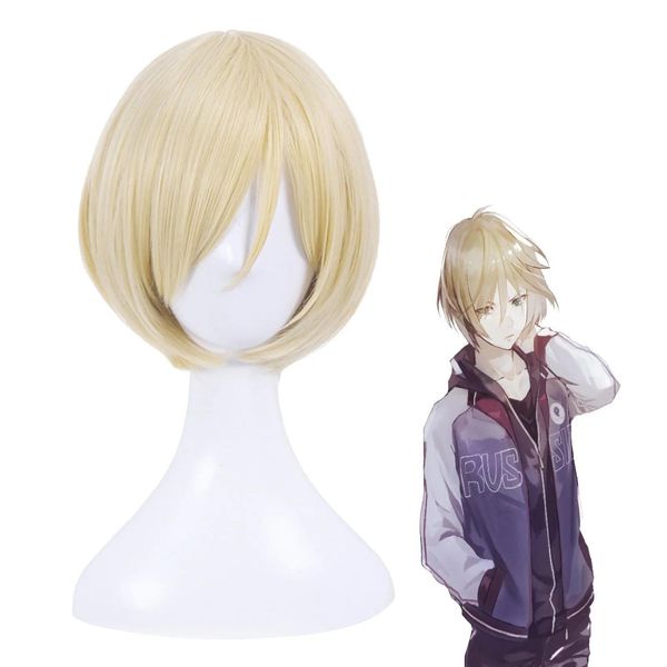 Perruques 100% neuves, perruques full lace avec image de mode de haute qualitéYuri!!! sur glace Plisetsky Yuri hommes blond court droit Cosplay complet