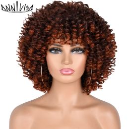 Perruques 14 "Afro perruque bouclée Kinky avec frange synthétique court cosplay épaule duveteuse Lenght perruques pour les femmes noires résistantes à la chaleur Annivia