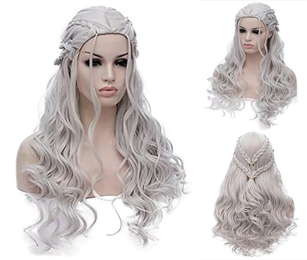 Perruques 14 couleurs charme Lolita longue Daenerys Targaryen argent tressé bouclés cheveux synthétiques perruques Costume Cosplay reine perruque