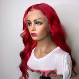 Perruques 180 densité blonde / rouge / noir vague dentelle perruque avant brésilien cheveux humains 2028 pouces perruques synthétiques pour femmes