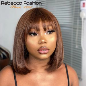 Perruques 180d brun natural cuir chevelu naturel courte courte bob avec frange cheveux humains en dentelle bob raide bob brésilien brésilien coiffure perruque pour femmes noires