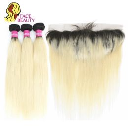 Perruques 1B 613 ombre Blonde Human Hair Weave Remy Brésilien Brésilien Coiffes 3 Bundles avec Frontal 13X4 Swiss Lace Frontal and Bundles