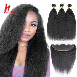 Perruques 2/3 paquets raides coquers avec dentelle brésilienne Brésilienne avant avec paquets remy les cheveux humains tisser la dentelle transparente Hairugo