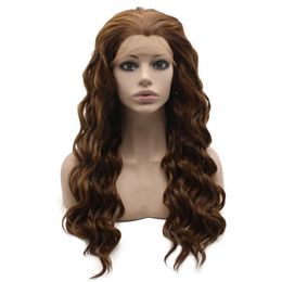 Perruques 24 "de longueur de perruque brune à reflets densité pleine perruque de cheveux synthétiques respectueux de la chaleur perruque avant en dentelle