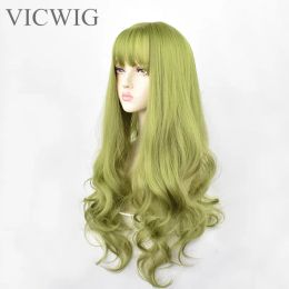 Perruques 24inch Synthétique Green Black Cheveux bouclés Big Wave Cosplay Wigs avec une frange pour les femmes Afro-Américain Res résistant à la chaleur Fibre Hair