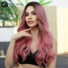 Perruques 7jhh Wigs mettant en évidence une perruque rose ondulée longue pour les femmes ombre perruques synthétiques roses avec une frange résistante à la chaleur Cosplay Lolita Wigs