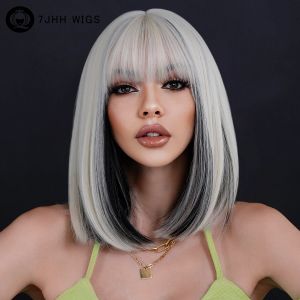 Pelucas 7jhh pelucas resaltadas peluca corta plateada con flequillo para mujer sintética cabello liso bob bob fibra resistente al calor