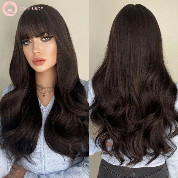 Perruques 7jhh perruques Long Wavy Wavy Dark Brown Wig Fomen With Bangs Fashion Synthetic Natural Hair Wigs Fibre résistant à la chaleur pour une utilisation quotidienne