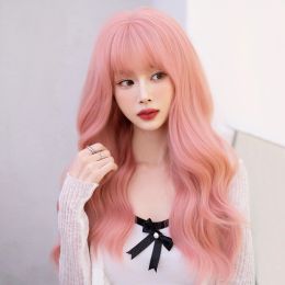 Perruques 7jhh perruques longues perruque rose ondulé pour femmes quotidiennes de la fête naturelle perruques de cheveux synthétiques avec frange moelleuse de haute qualité 24 pouces