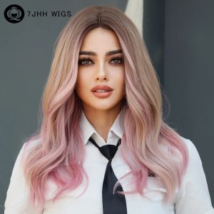 Pruiken 7jhh pruiken ombre blond naar roze lange golvende blonde pruiken voor vrouwen dagelijkse cosplay hot love synthetisch haar lolita pruiken hittebestendig