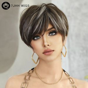 Wigs 7JHH Pruiken Ombre Brown Short Bob Wig For Women Daily Party Synthetisch Hoogtepunten Rechte haarpruiken met donzige knallen Pixie gesneden pruik