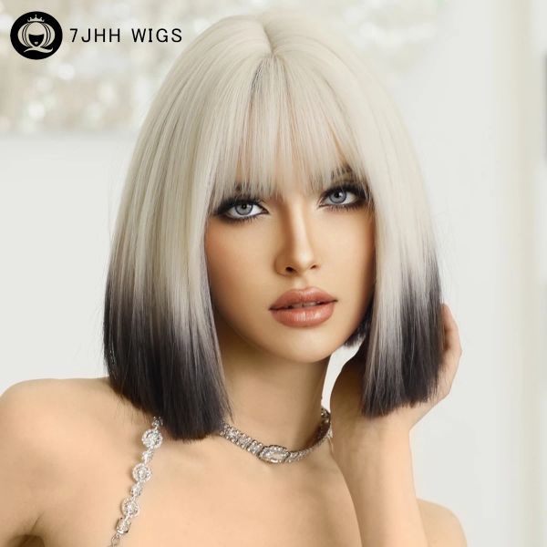 Perruques 7jhh perruques courtes raies ombre blonde bob perruque pour femmes quotidiennement mode naturel synthétique coiffure noire perruques avec frange moelleuse