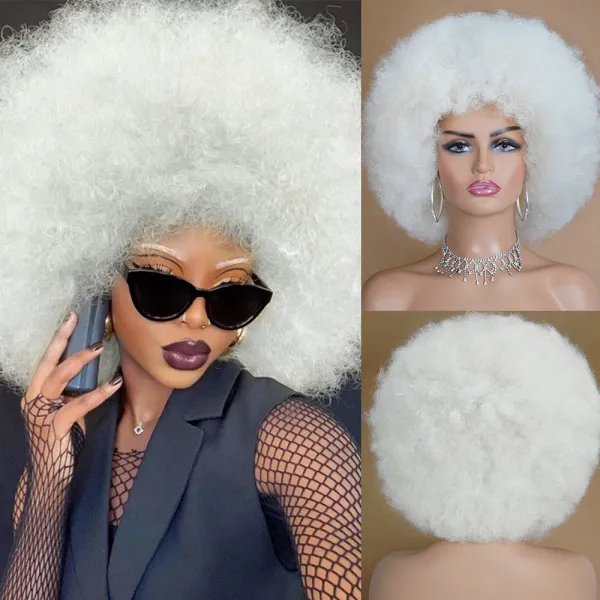 Perruques Afro Curly Wig avec une frange haute bouffée High Puff Short Synthétique White Wig Fibre résistant à la chaleur Blonde Myth