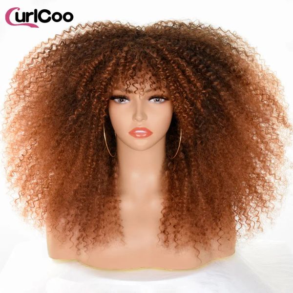 Pelucas Pelucas afro rizadas para mujeres negras Peluca afro rizada negra a marrón con flequillo Pelo de cosplay sin pegamento de fibra sintética de 18 pulgadas