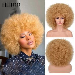 Pelucas Afro Kinky Curly Wig con flequillo pelucas sintéticas cortas para mujeres negras Omber marrón rubio rubio