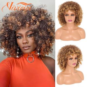 Perruques Afro crépus bouclés perruque avec frange perruques synthétiques courtes pour les femmes noires perruque noire sans colle Cosplay cheveux haute température VIVIEIEI