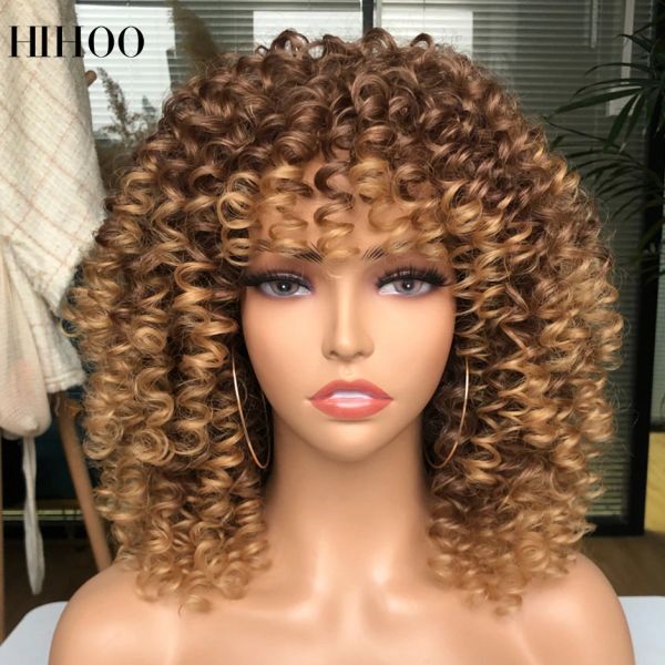 Pelucas Peluca rizada afro rizada con flequillo Pelucas sintéticas cortas para mujeres negras Omber Brown Blonde Glueless Cosplay Hair High Temperature