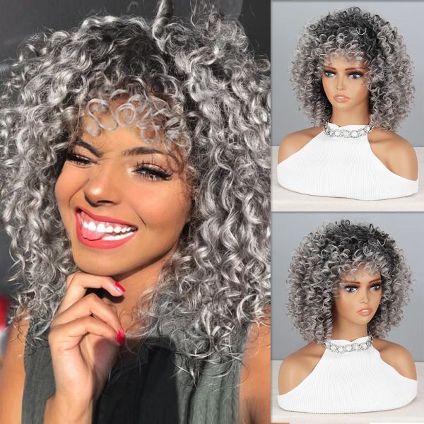 Perruques afro perruques bouclées coquines avec une frange pour les perruques synthétiques coiffure naturelle argenté gris perruque cosplay résistant à la chaleur fibre