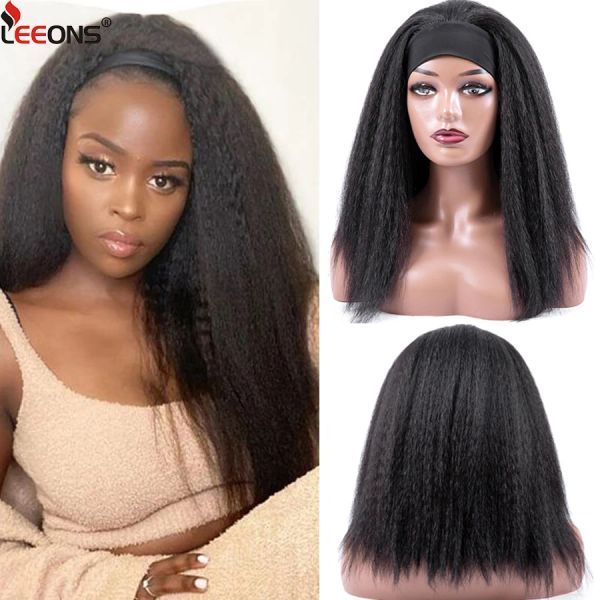 Pelucas Afro Kinky Camino de cabeza de cabeza recta para mujeres negras Fibra de fibra pelucas de cabello de 16 pulgadas Cabililla recta con banda de cabello elástico