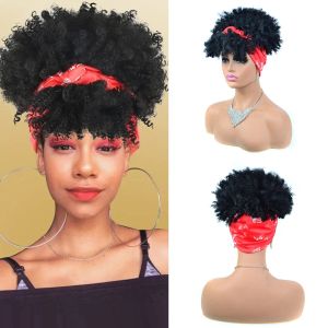 Perruques Afro Puff Bouclés Perruques Court Bandeau Perruque pour Femmes Naturel Crépus Bouclés Écharpe Perruques Cheveux Synthétiques Résistant À La Chaleur Cosplay Usage Quotidien