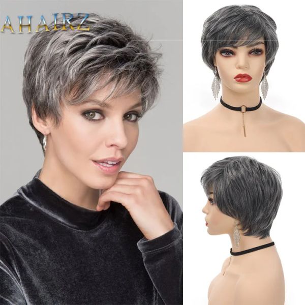 Pelucas AHAIRZ sintético gris blanco corto Bob peluca rizada con flequillo sin pelucas de encaje para mujeres Cosplay uso diario corte Pixie pelo falso