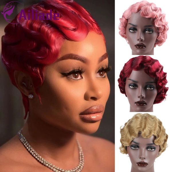 Perruques AILIADE 6 pouces Vintage court vague de doigt perruque synthétique Afro crépus bouclés perruques pour femme noir violet blond cheveux résistants à la chaleur