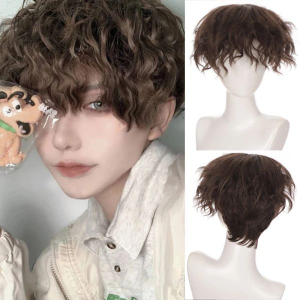 Pelucas Ailiade Peluca masculina Moda Corta Rizada Marrón Disfraz de Cosplay Anime Halloween Sintético con Flequillo para Hombres Mujeres Niño Cabello Falso