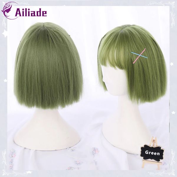 Perruques AILIADE perruques synthétiques vertes droites avec frange pour femmes perruque Bob courte résistante à la chaleur Bobo coiffure quotidienne Anime Cosplay perruques