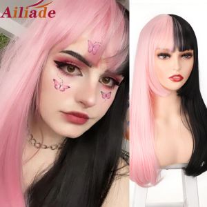 Pelucas ailiade cabello sintético peluca negra y rosa cabello liso cosplay lolita peluca dos tono ombre color mujer pelucas resistentes al calor