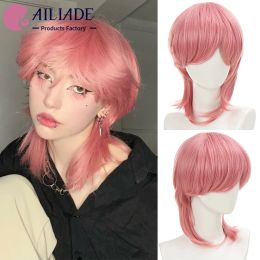 Pruiken AILIADE Synthetische Korte Rechte Roze Cosplay Pruiken met Pony Natuurlijke Nep Haar Party Anime Halloween Pruiken voor Vrouwen Mannen