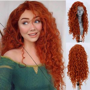 Wigs Aimeya Orange Long Curly Lace Wig Cosplay Wig Halloween Synthetisch Long Haar Role Play Pruik voor vrouwen Girls Girls Lace Front Pruik
