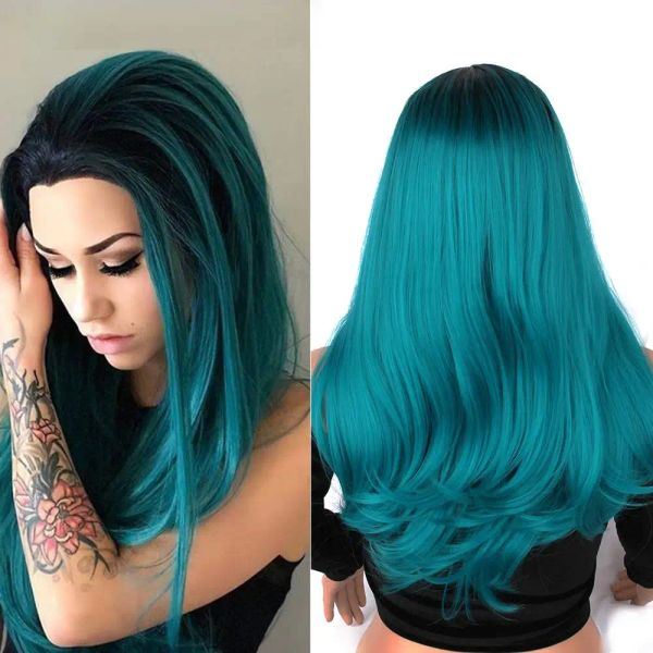 Pelucas Aiyee Ombre sintética pelucas de color verde oscuro para mujeres rectas con un poco rizado debajo de la peluca de cosplay de cabello falso natural