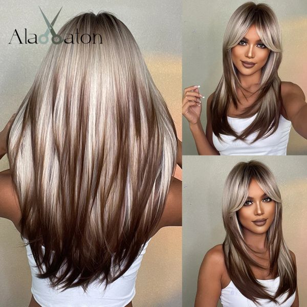 Pelucas Alan Eaton Rubia Rubio Pelucas sintéticas para mujeres Marrones largos de color marrón liso Pelucas con flequillo Balayage Cabello Resistente al calor