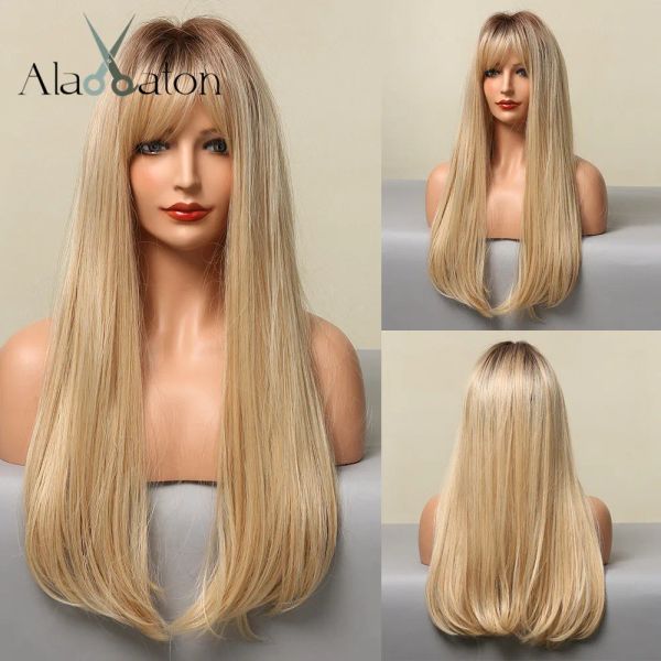 Perruques Alan Eaton Blonde Blonde longue perruque synthétique droite avec une frange pour les femmes Natural Look Light Golden Wig résistant à la chaleur Résistante quotidienne