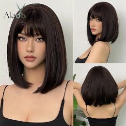 Perruques Alan Eaton Brown foncé Broites courtes perruques avec une bangs Wig Synthetic Heat résistant aux femmes Natural Bob Brown Daily Hair Wig