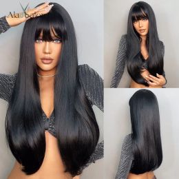 Perruques Alan Eaton Long Black Synthetic Wigs avec une frange perruques droites soyeuses pour les femmes Afro-Américain Daily Party Fiber Therm Resistant