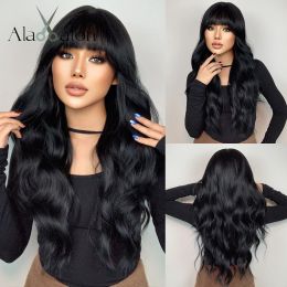 Perruques Alan Eaton Long Wavy Black Synthetic Wigs With Bangs Water Water Hair Wigs for Women Cosplay Wedding Wedding Use Wig résistant à la chaleur