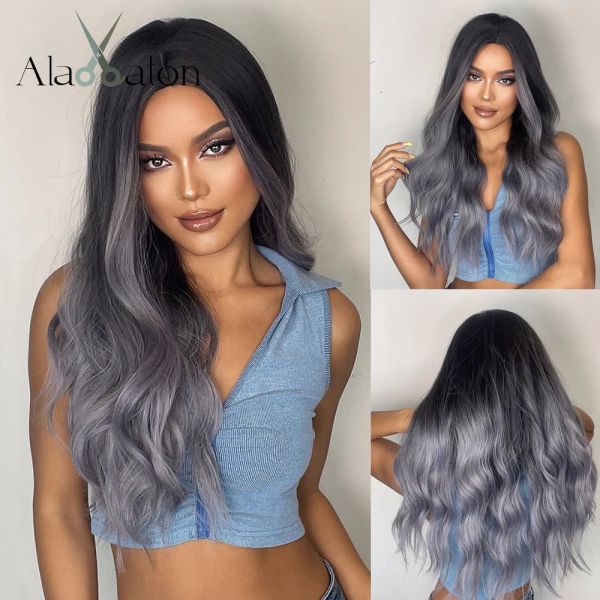 Perruques Alan Eaton Ombre Grey Wave Synthétique Perruque pour les femmes Long Cosplay Gris Blue Perreaux Middle Natural Part coloré Hair Résister à la chaleur