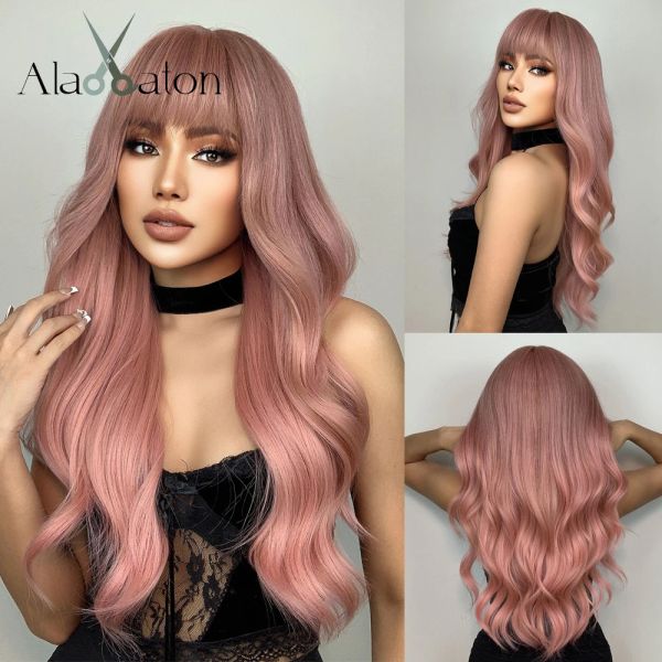 Perruques Alan Eaton Wigs roses synthétiques pour les femmes Long Natural Wavy Wigs avec des franges droites Cosplay Party Halloween Hair Hoil résistant