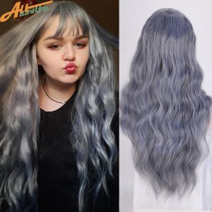 Perruques Allaosify perruque synthétique avec frange longue bouclée Cosplay Lolita rose noir blond gris bleu rouge vague crépus bouclés cheveux perruques pour les femmes