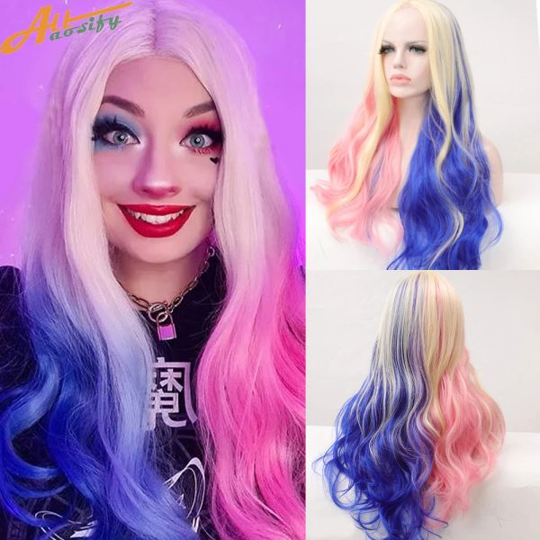 Pelucas Allaosify Peluca Sintética Cosplay del Pelo Lolita Accesorios para el Cabello Femenino Onda Larga y Rizada Rosa Azul Anime Cosplay Chica Peluca de Mujer