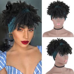 Pruiken Alororo Afro Bladerdeeg Kort Kinky Krullend Hoofdband Pruik Synthetische Head Wrap Pruik Voor Zwarte Vrouwen Tulband Wrap Bruin haar Pruiken