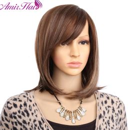 Perruques amir les cheveux synthétiques courts perruques coiffure bob cheveux raides avec une partie latérale pour femmes noires