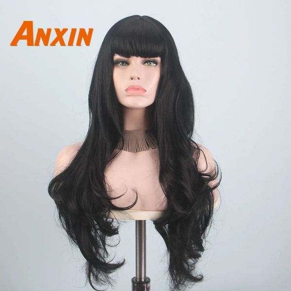 Perruques Anxin longues perruques noires pour femmes noires cheveux ondulés avec frange synthétique couleur naturelle noir blond jaune perruque de fête Cosplay