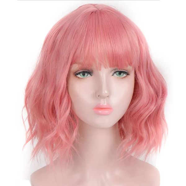 Pelucas aosi sintética corta ondulada rosa color púrpura negro peluca de cabello natural con flequillo de fibra resistente al calor de cosplay lolita pelucas para mujeres